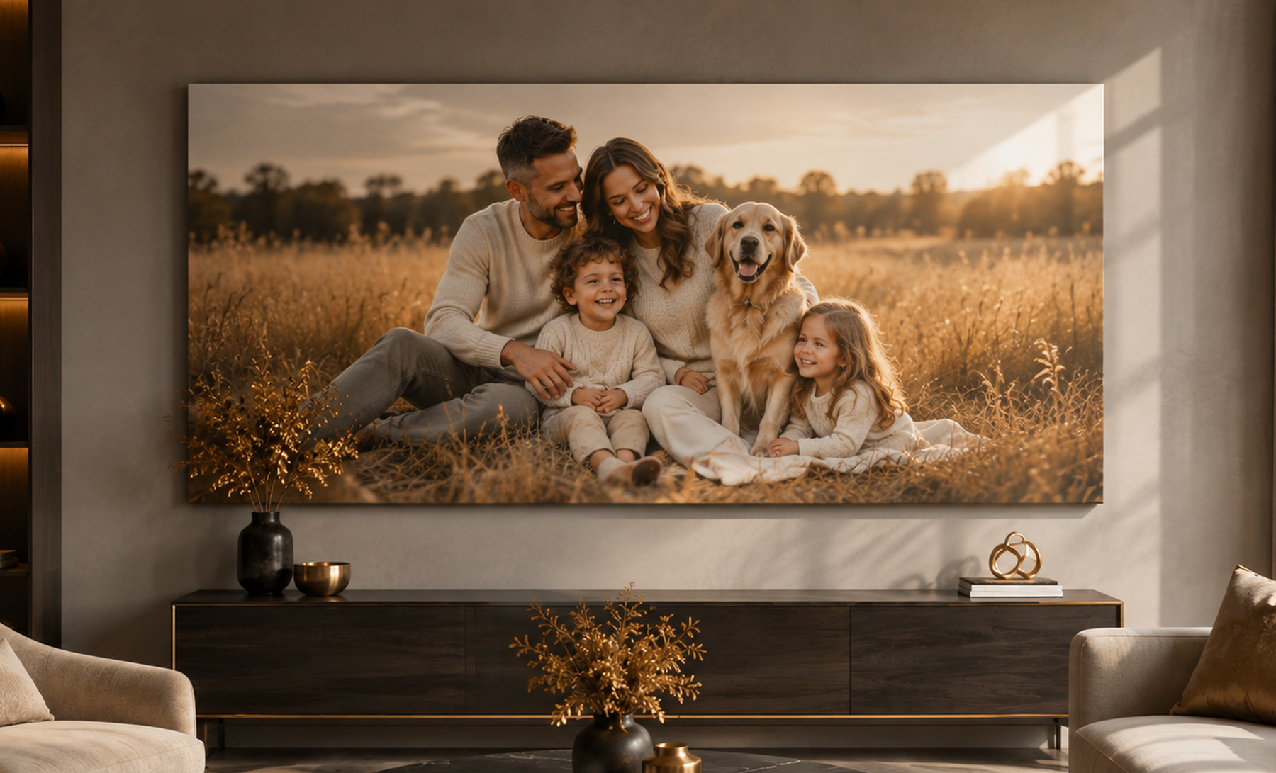 Large panoramic family canvas on a statement wall