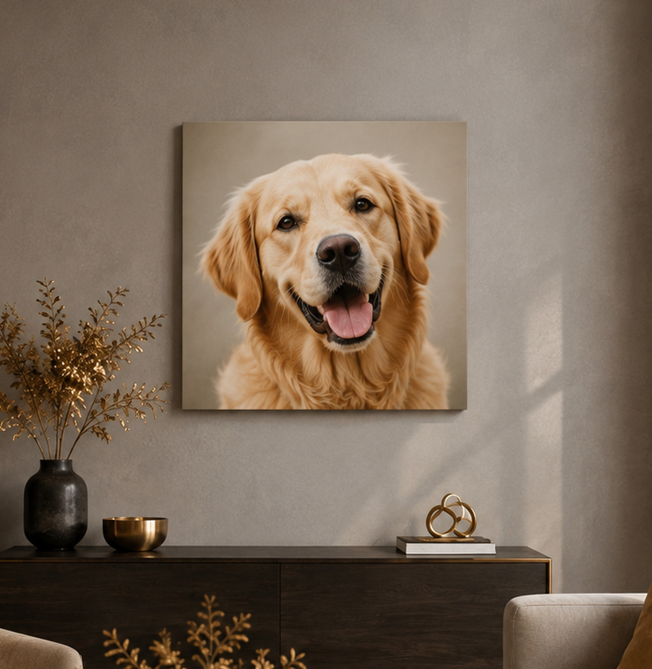Small wall with a square pet portrait canvas