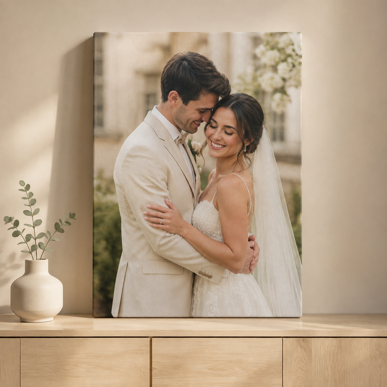 Entry wall with a vertical wedding portrait canvas