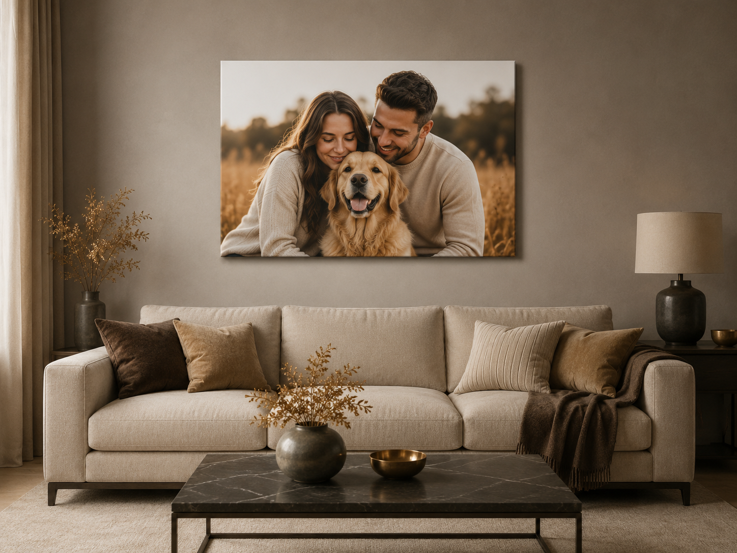Horizontal couple and pet canvas above a sofa