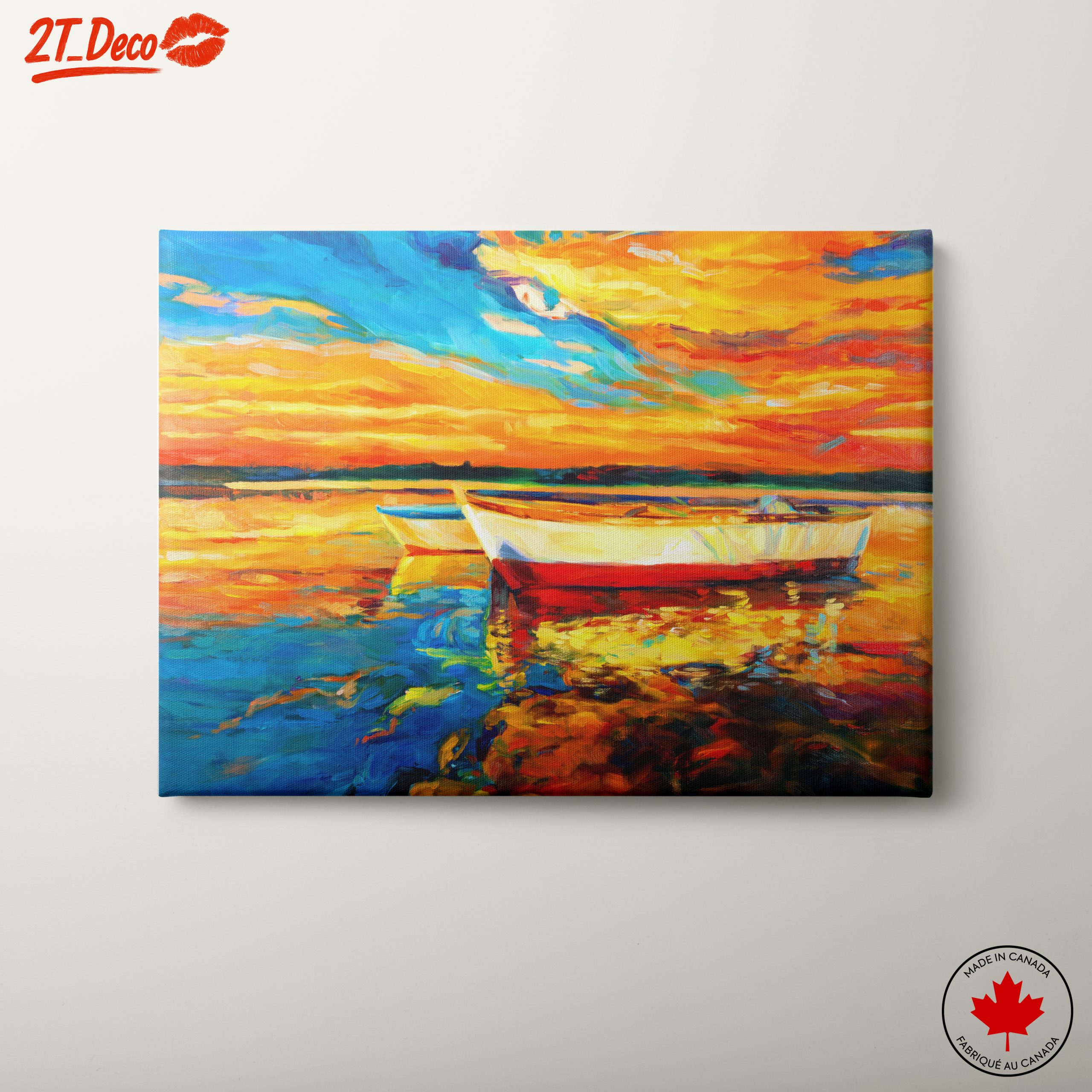 Vibrant Sunset Over Water with Boats