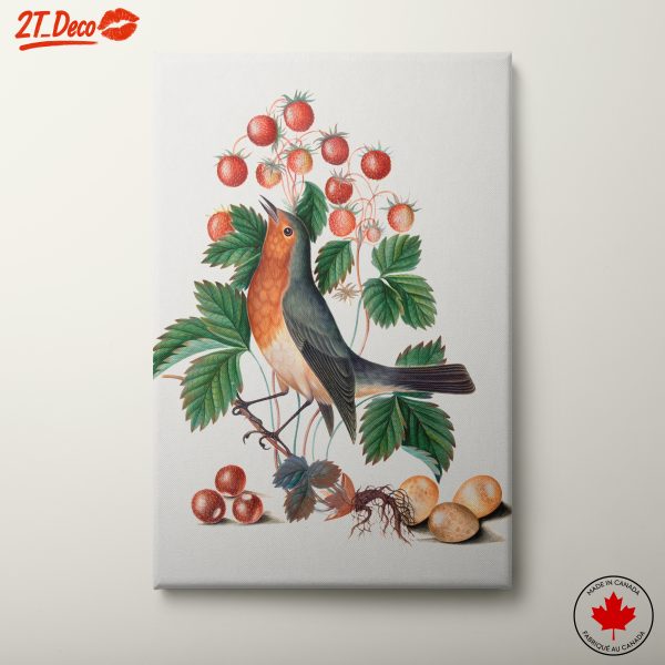 Vibrant Bird Among Strawberries and Leaves