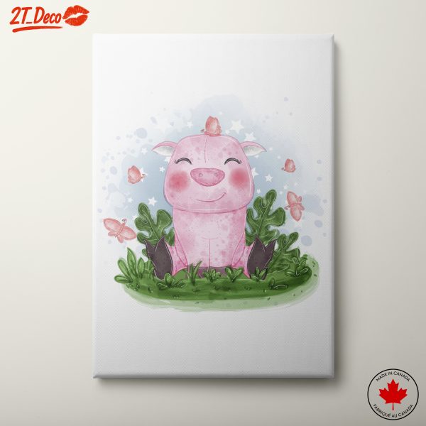 Cute Smiling Pig Surrounded by Butterflies