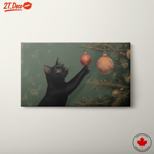 Black Cat Playfully Reaching for Christmas Ornaments