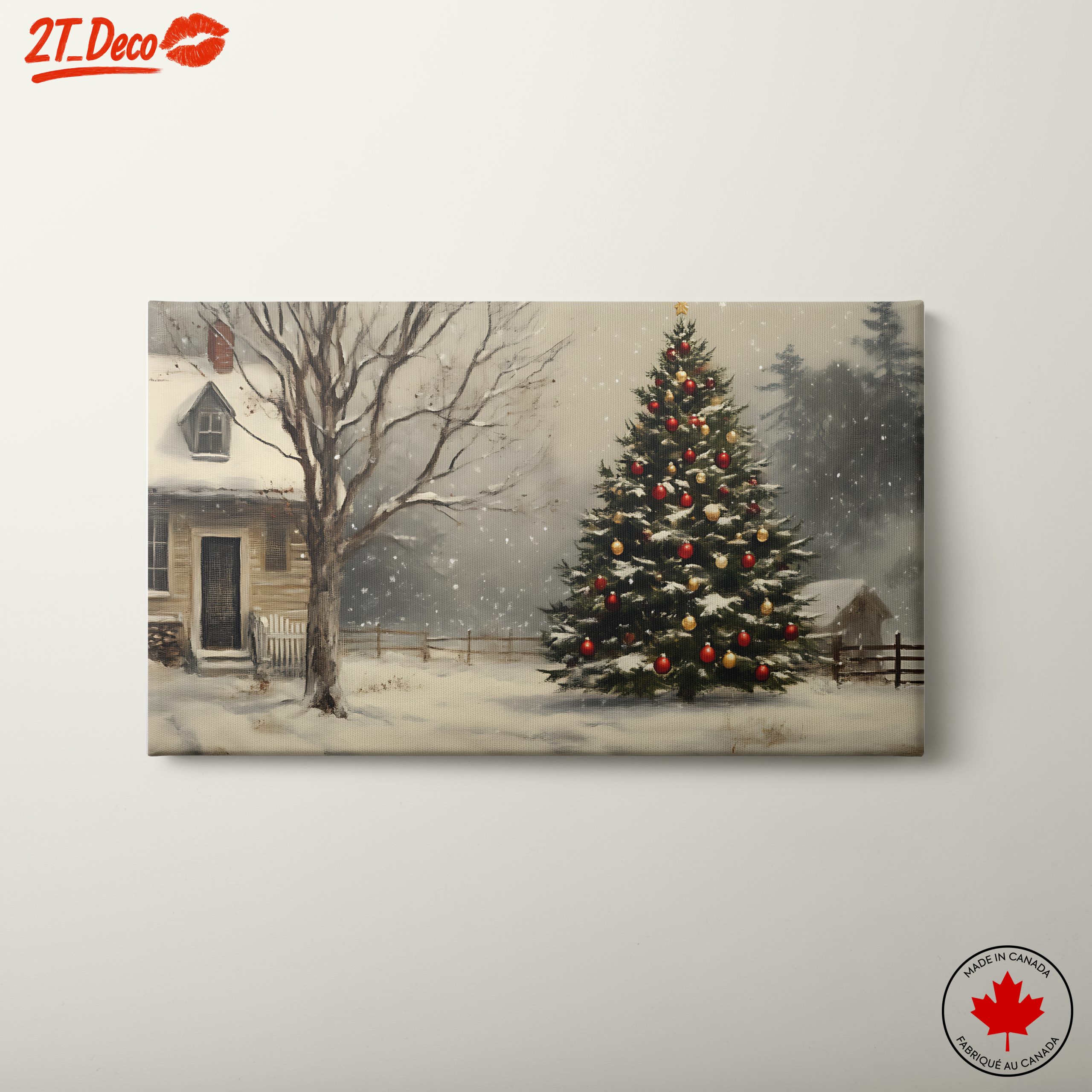 Snowy Christmas Tree with Rustic House