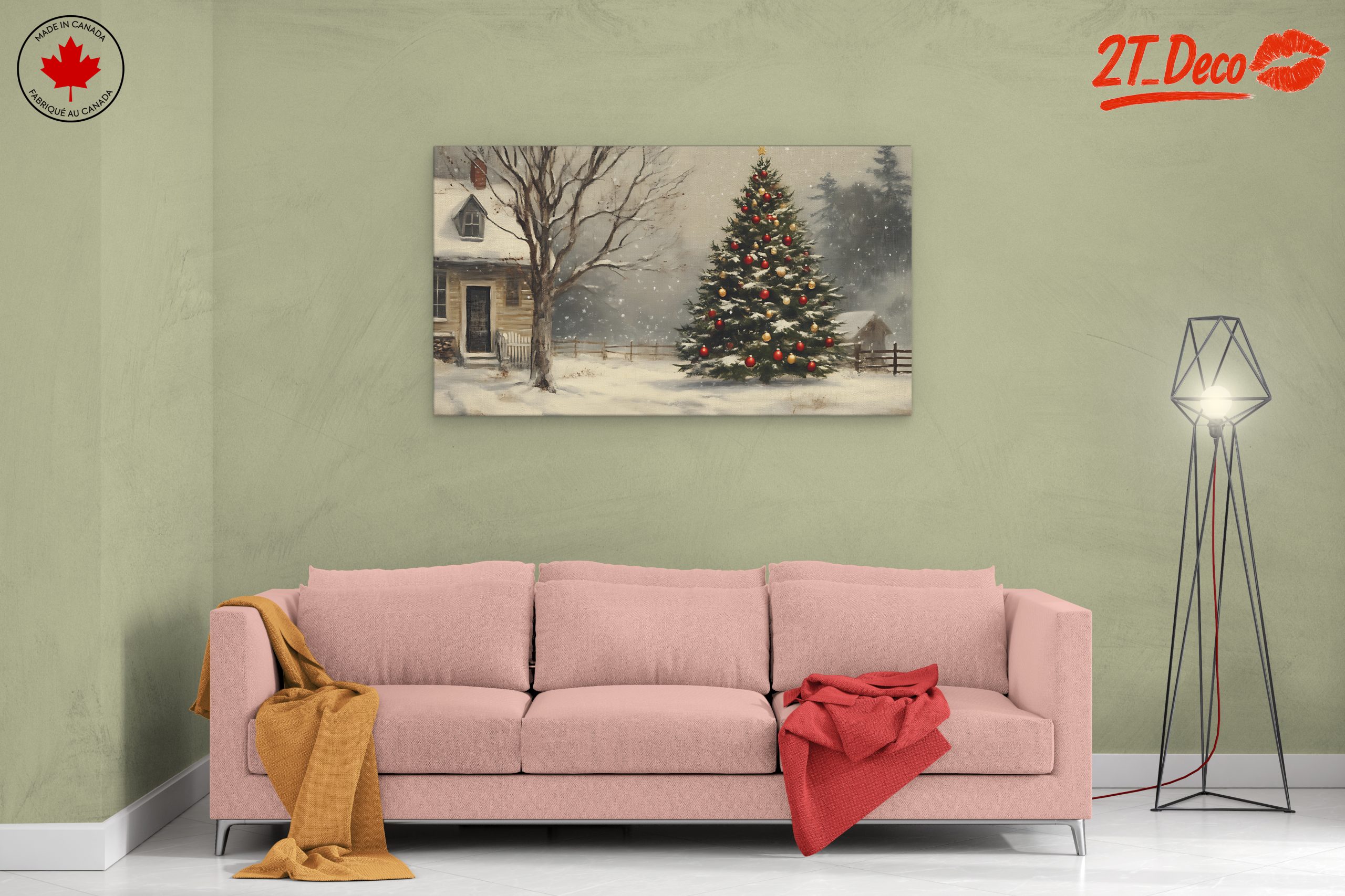 Snowy Christmas Tree with Rustic House - Image 2