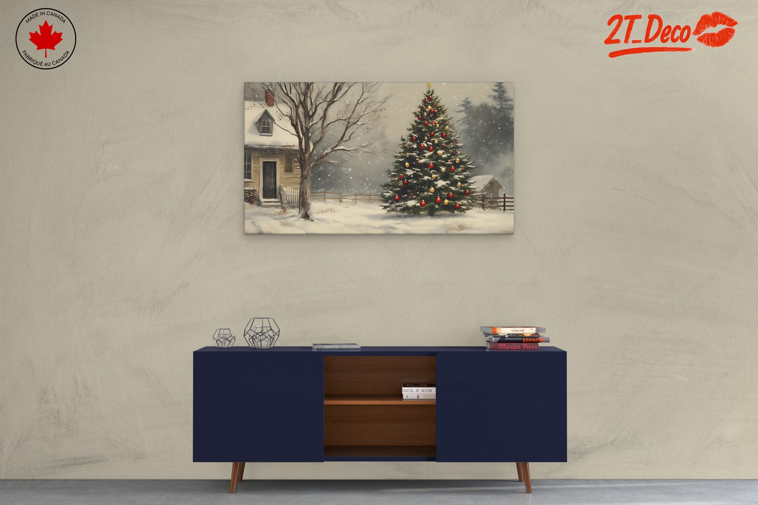 Snowy Christmas Tree with Rustic House - Image 3