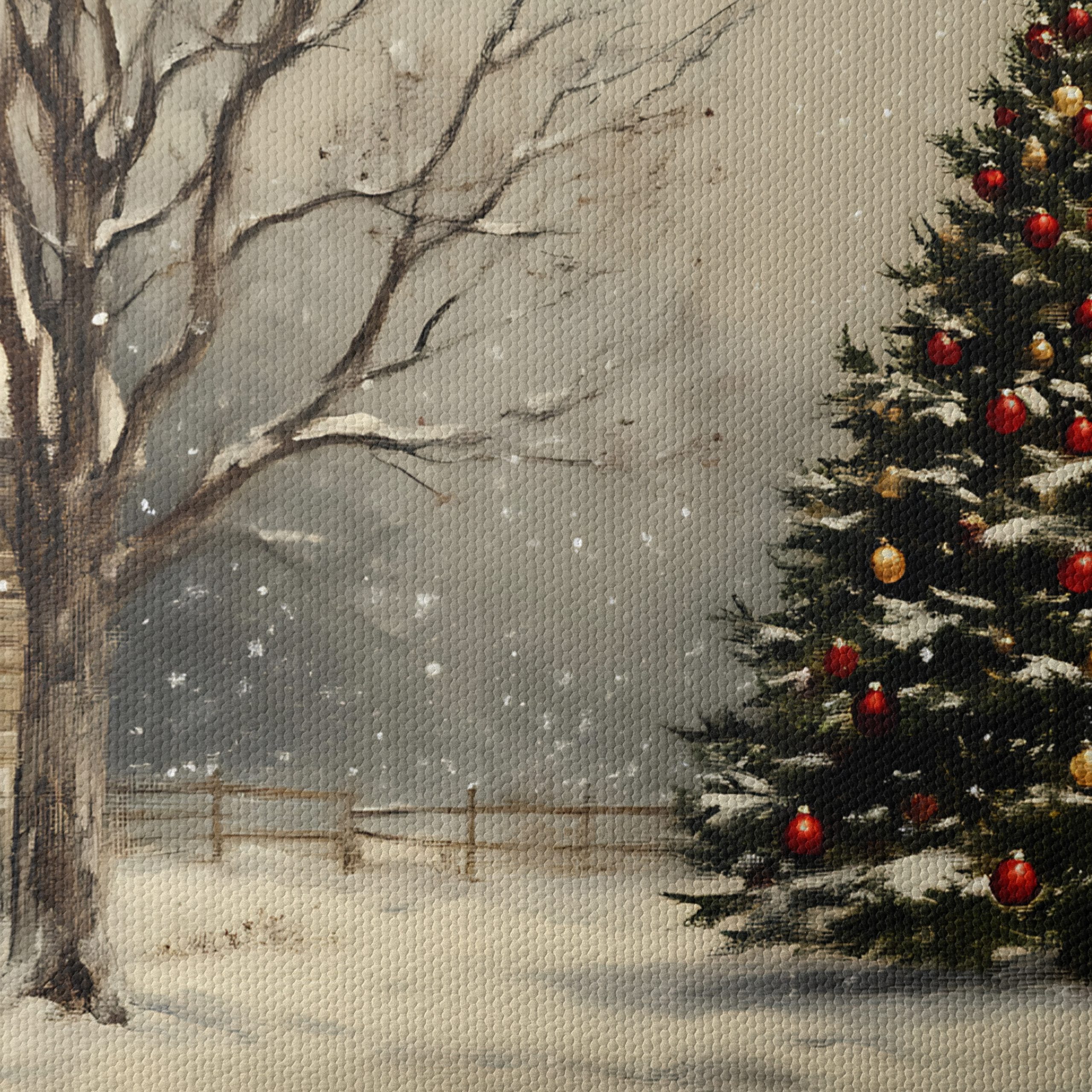 Snowy Christmas Tree with Rustic House - Image 4
