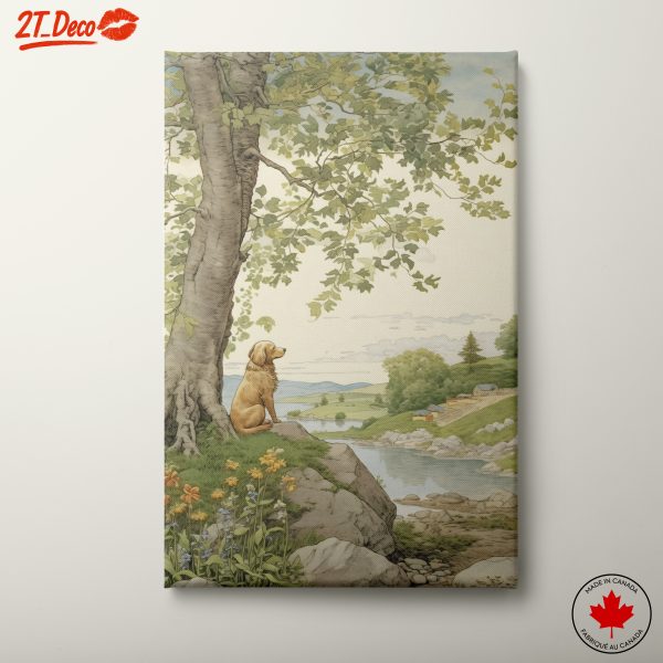 Golden Retriever in Tranquil Landscape Art