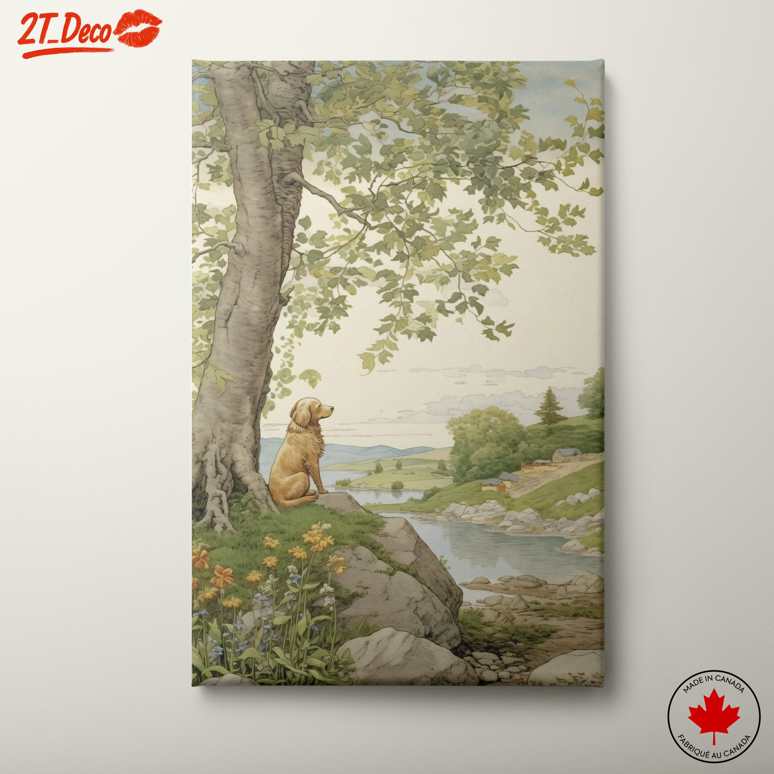 Golden Retriever in Tranquil Landscape Art