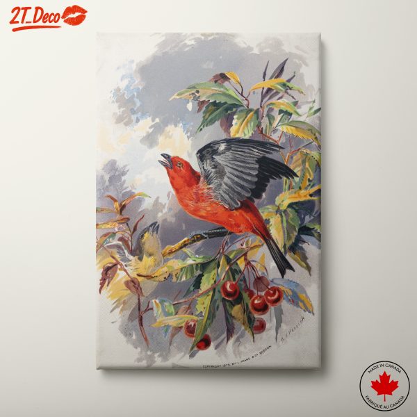 Vibrant Red Bird Perched on Cherry Branch