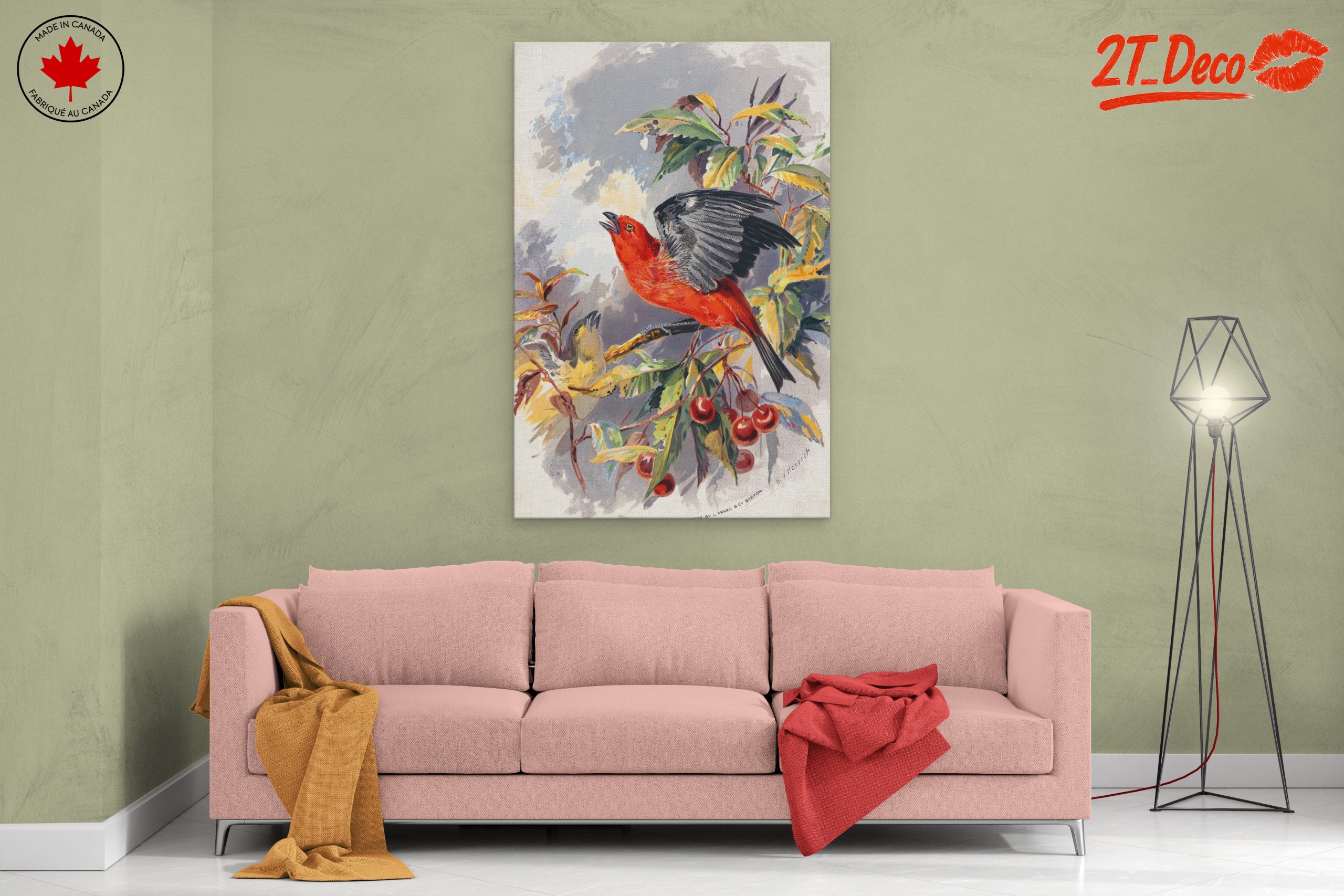 Vibrant Red Bird Perched on Cherry Branch - Image 2