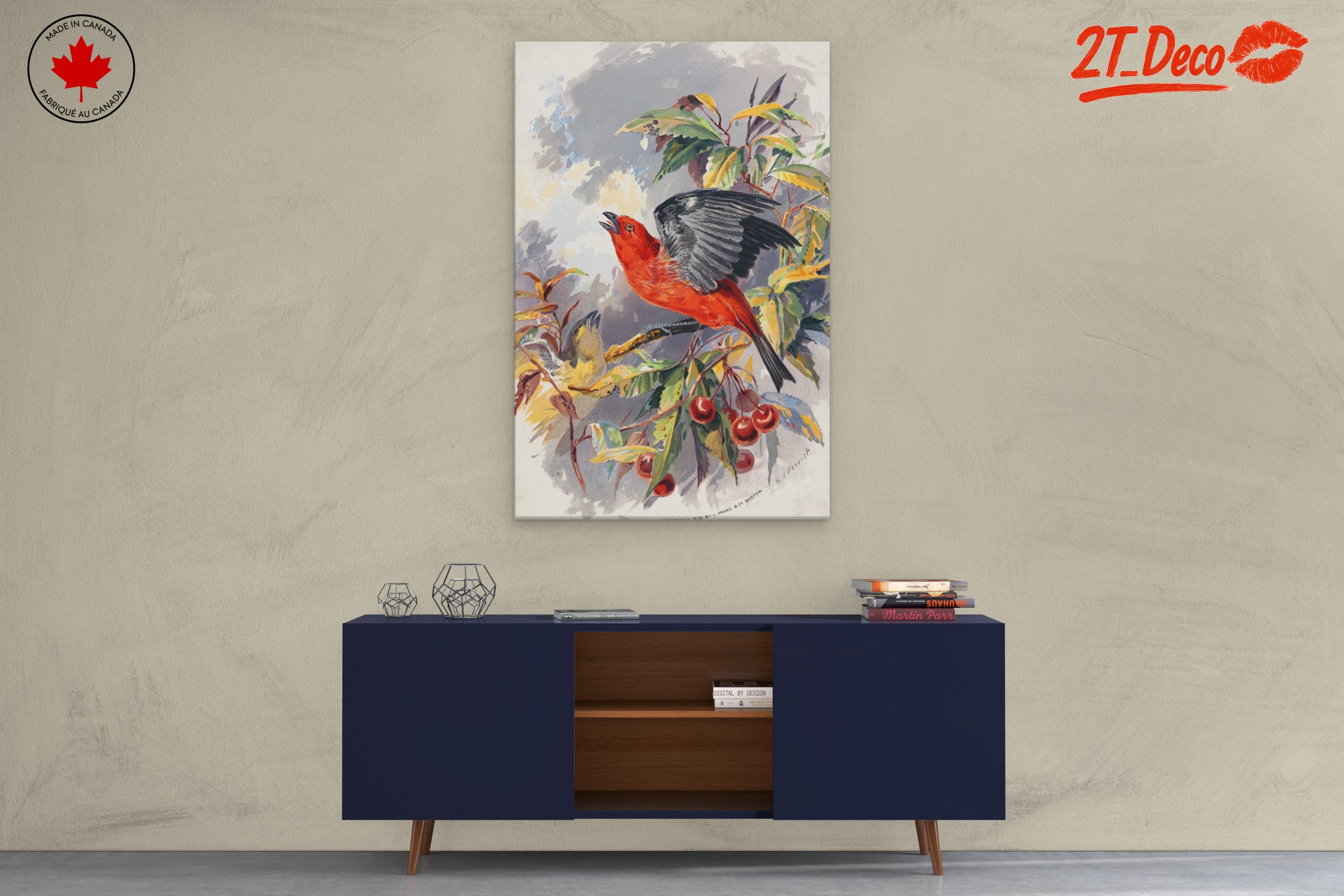 Vibrant Red Bird Perched on Cherry Branch - Image 3