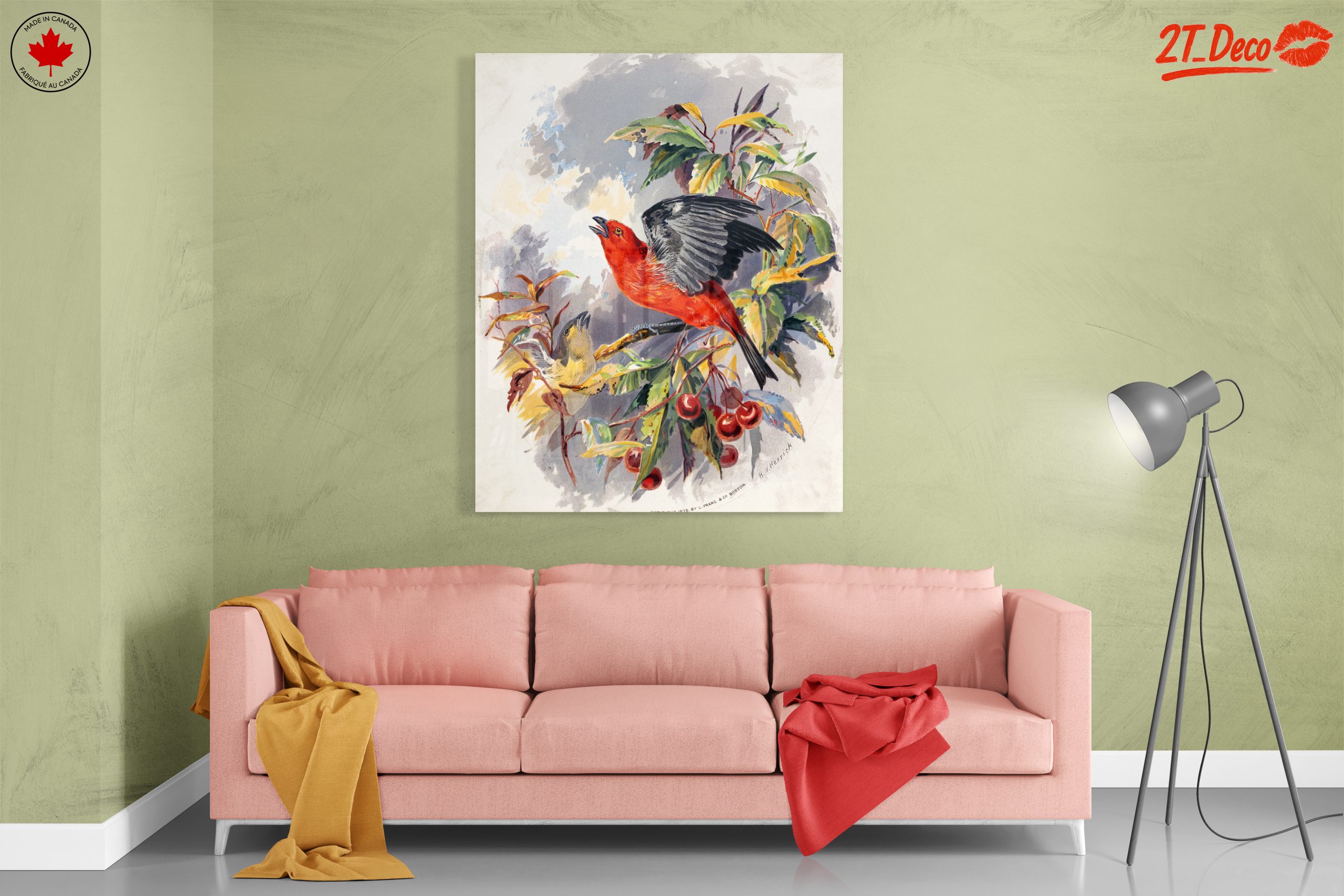 Vibrant Red Bird Perched on Cherry Branch - Image 7