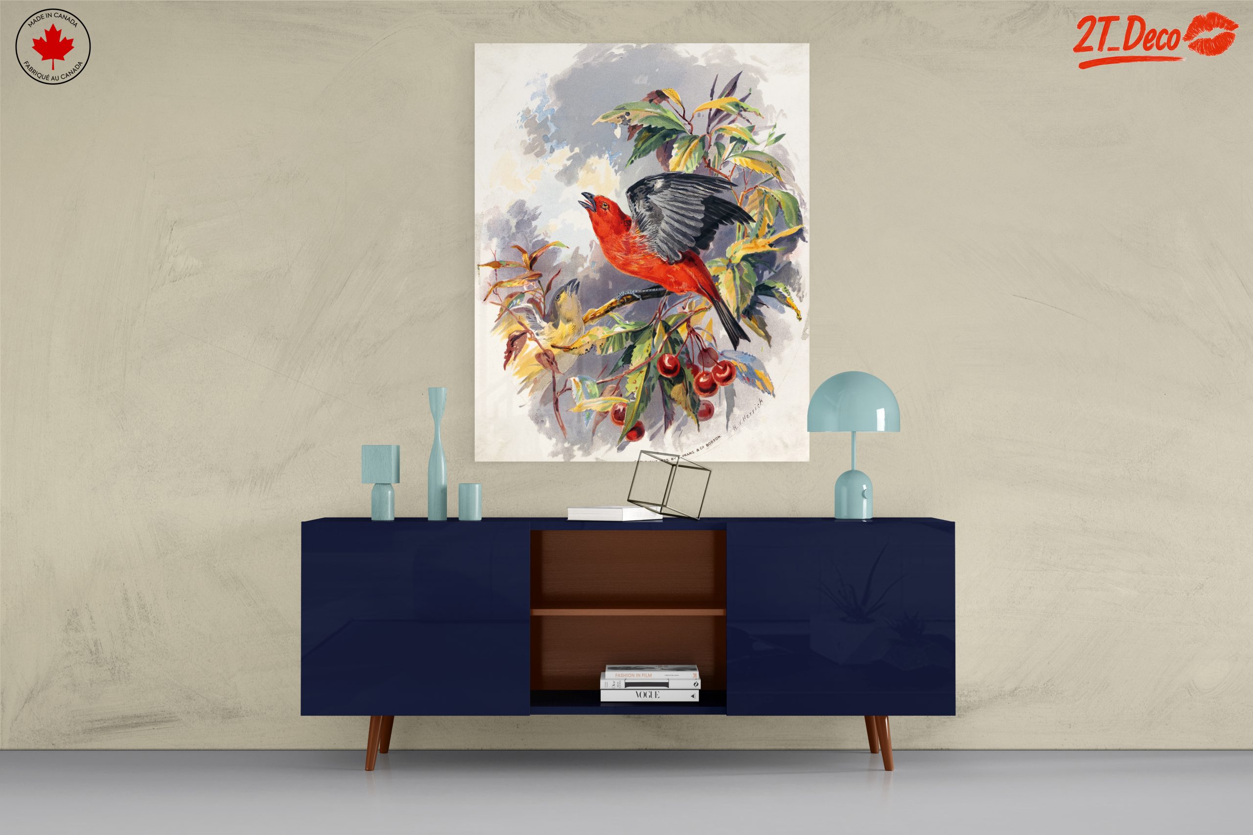 Vibrant Red Bird Perched on Cherry Branch - Image 8