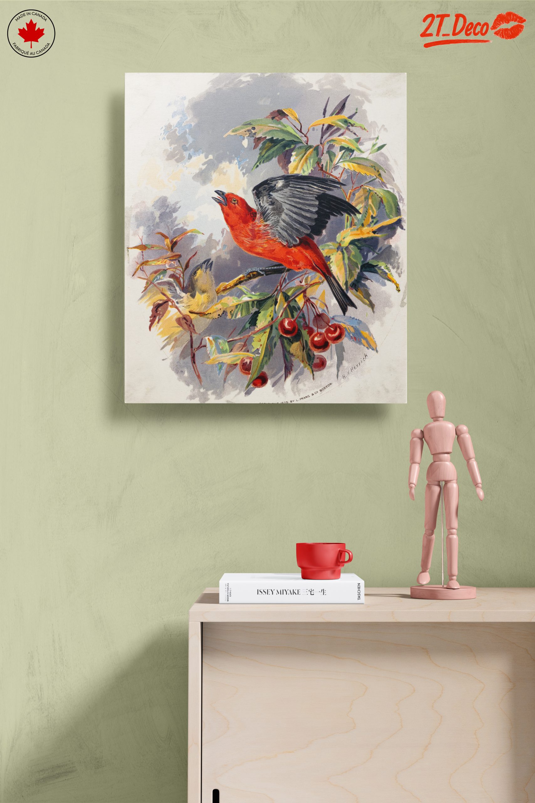 Vibrant Red Bird Perched on Cherry Branch - Image 14
