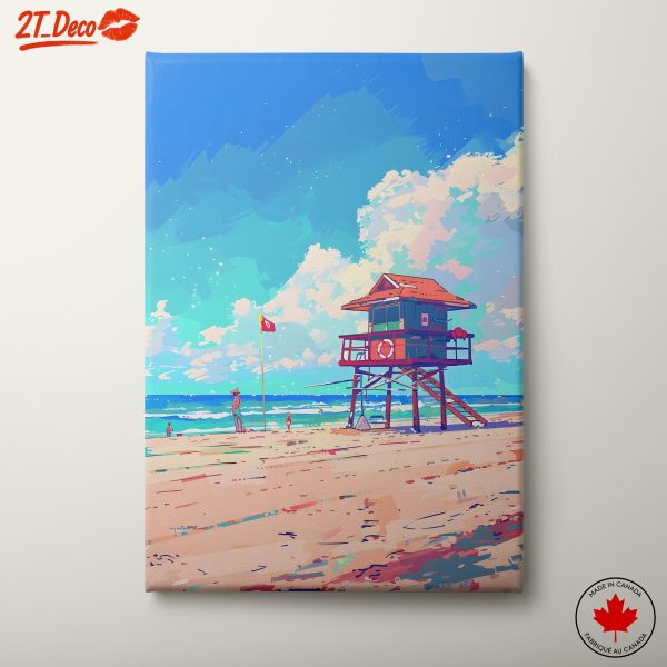 Colorful Beach Life Scene with Lifeguard Tower