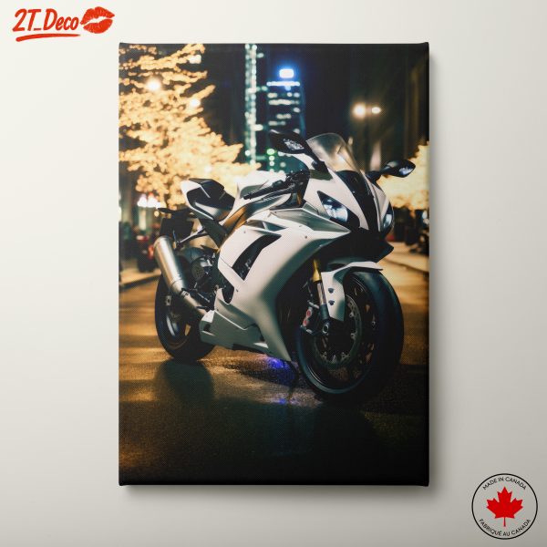 Sleek White Motorcycle in Urban Nightscape