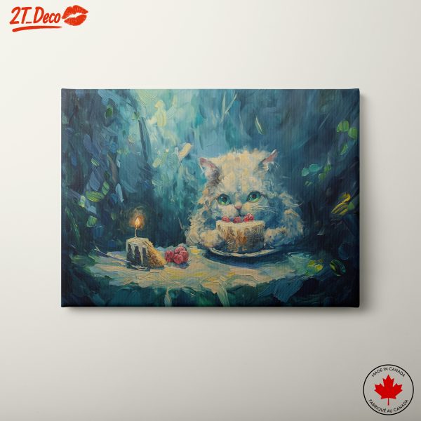 Whimsical Cat Enjoying Cake in a Forest