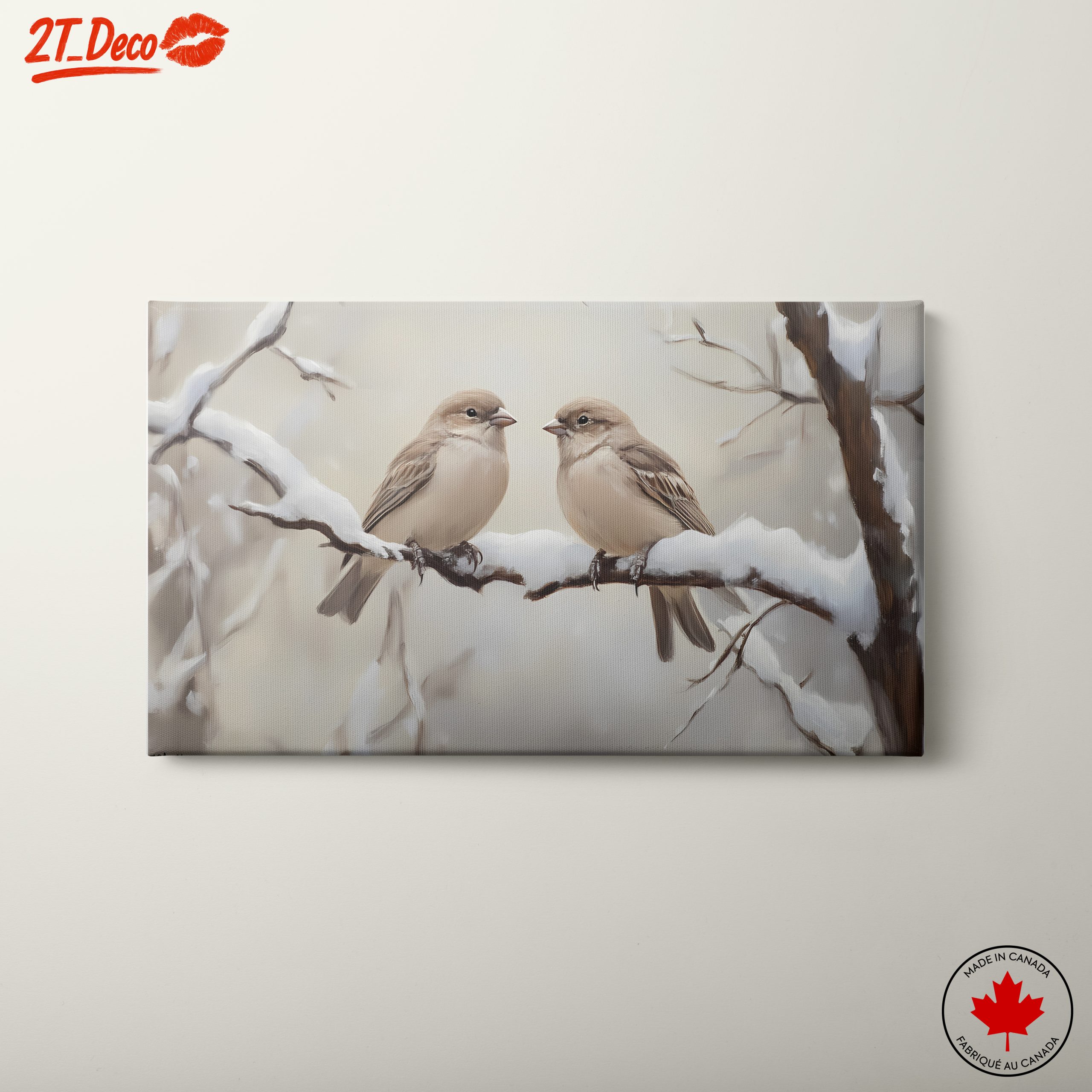 Two Birds Perched on Snowy Branch