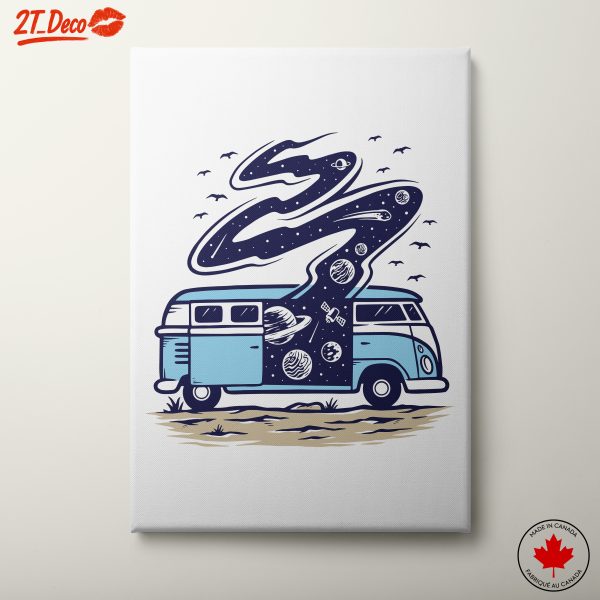 Blue Vintage Van with Cosmic Elements