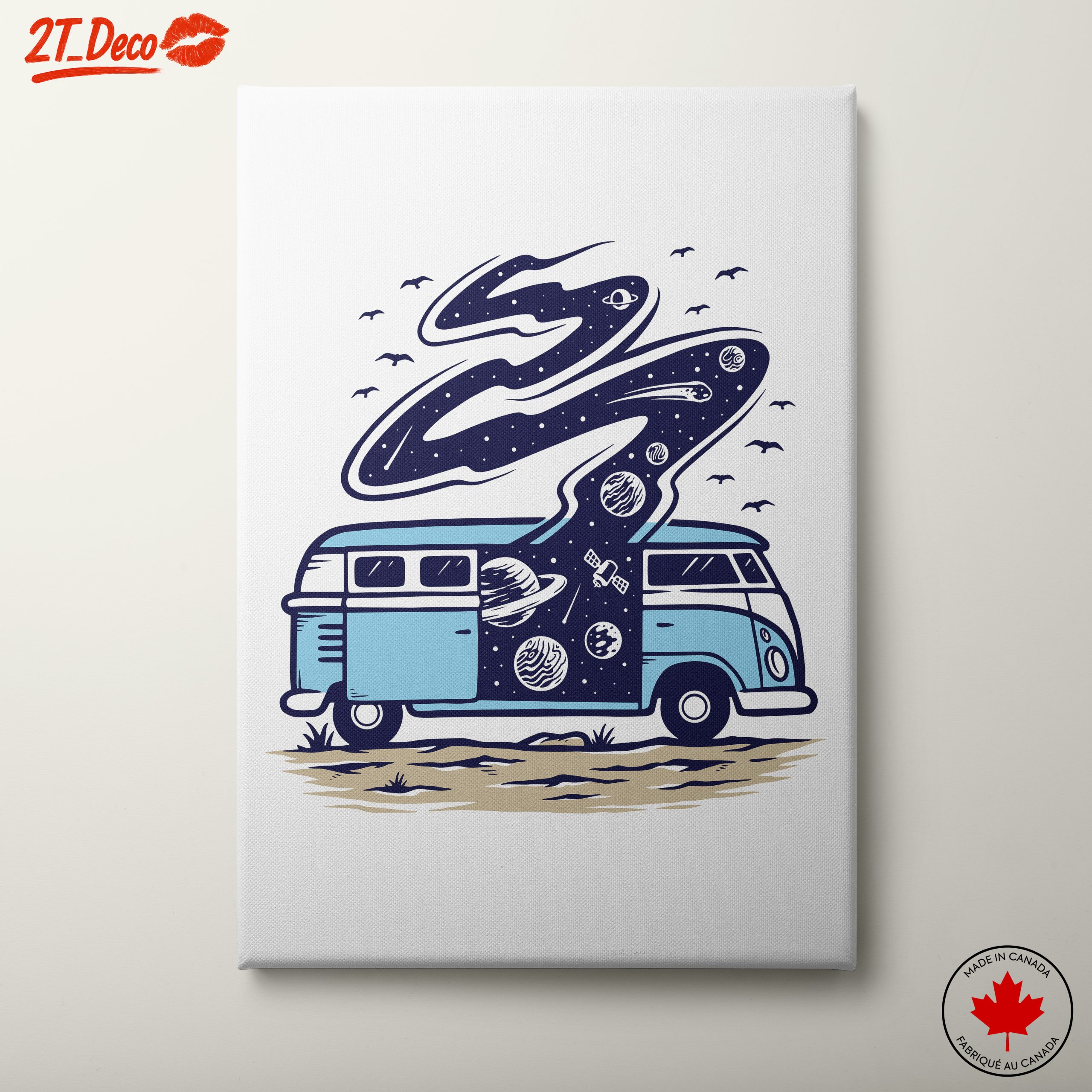 Blue Vintage Van with Cosmic Elements