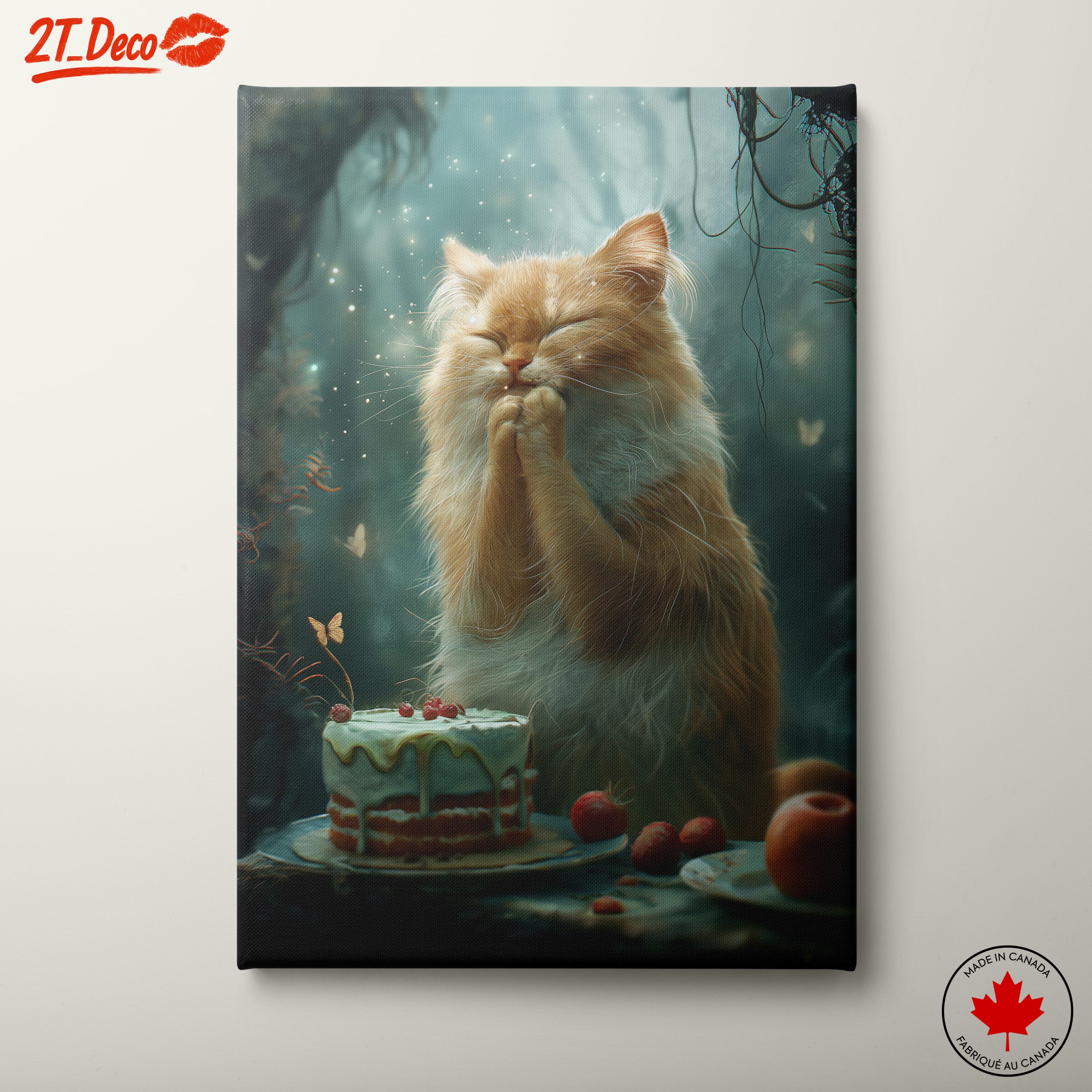 Adorable Cat with Cake and Butterflies