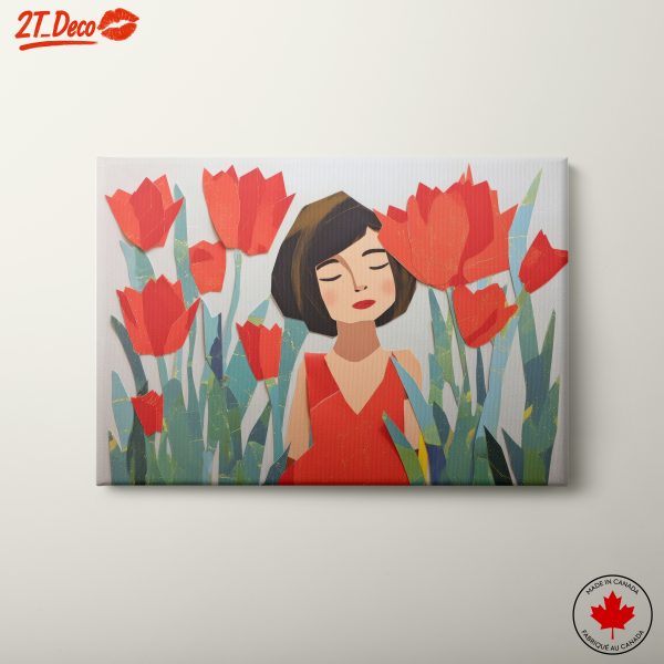 Stylized Botanical Woman in Red Tulips