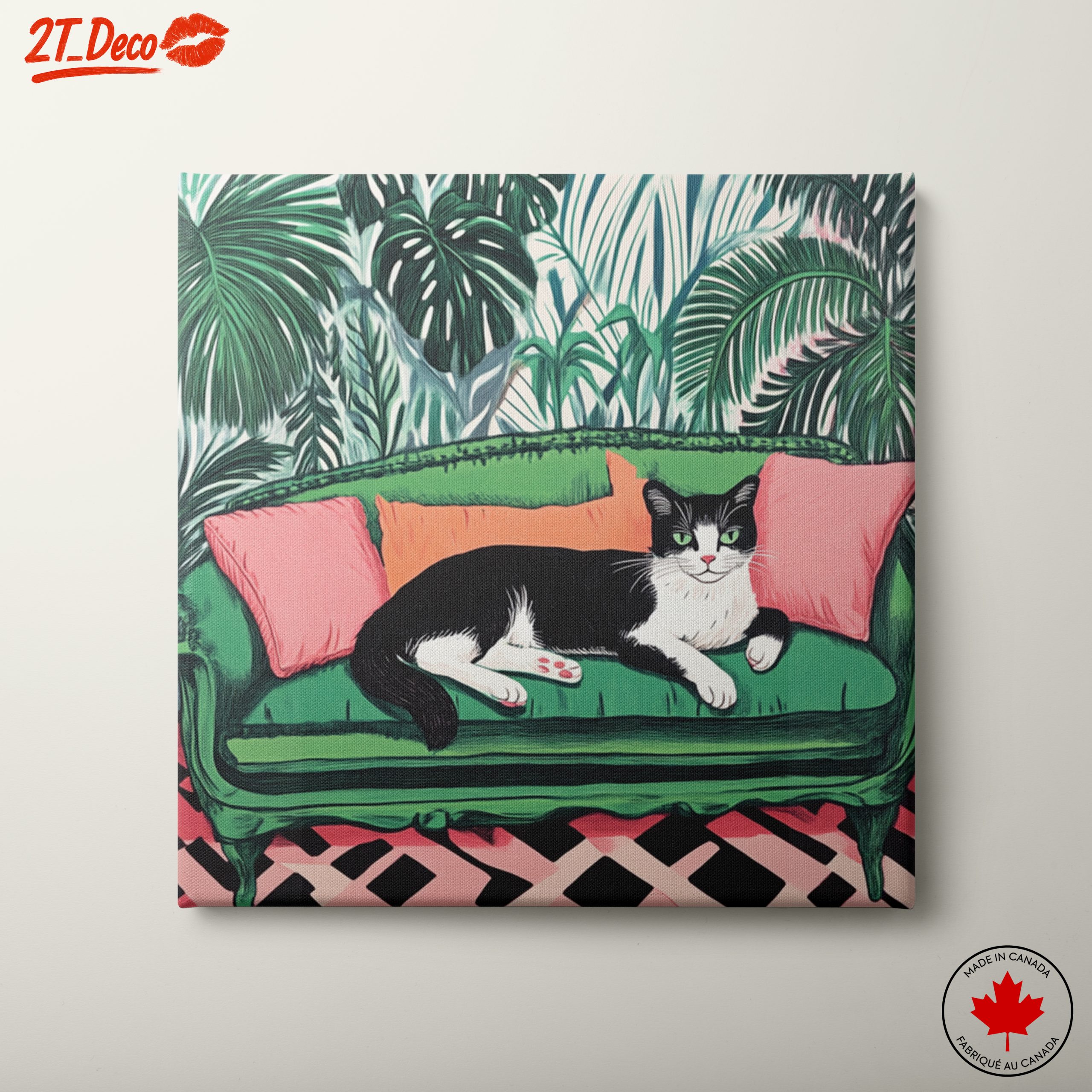 Charming Cat Relaxing on a Vibrant Couch