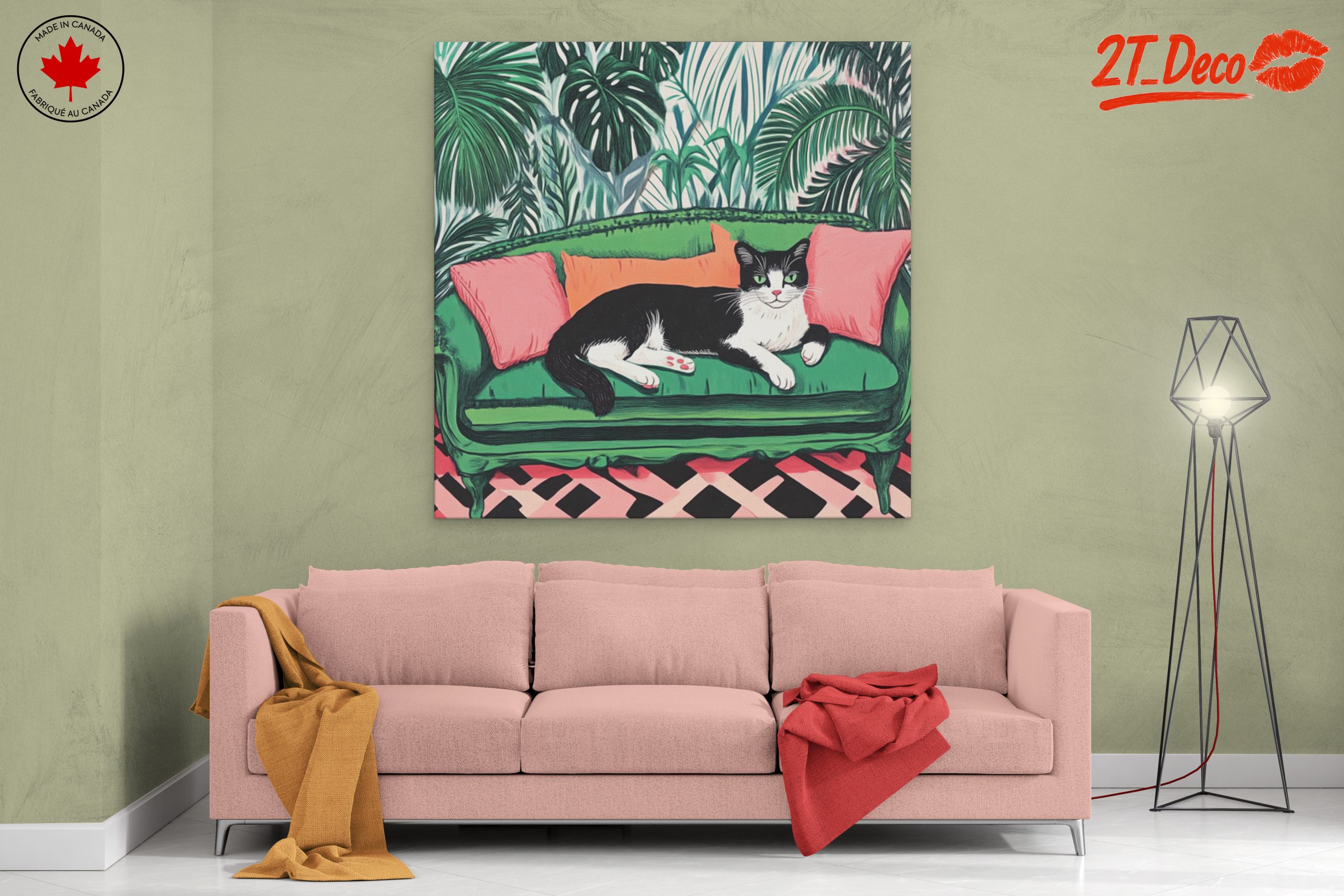 Charming Cat Relaxing on a Vibrant Couch - Image 2