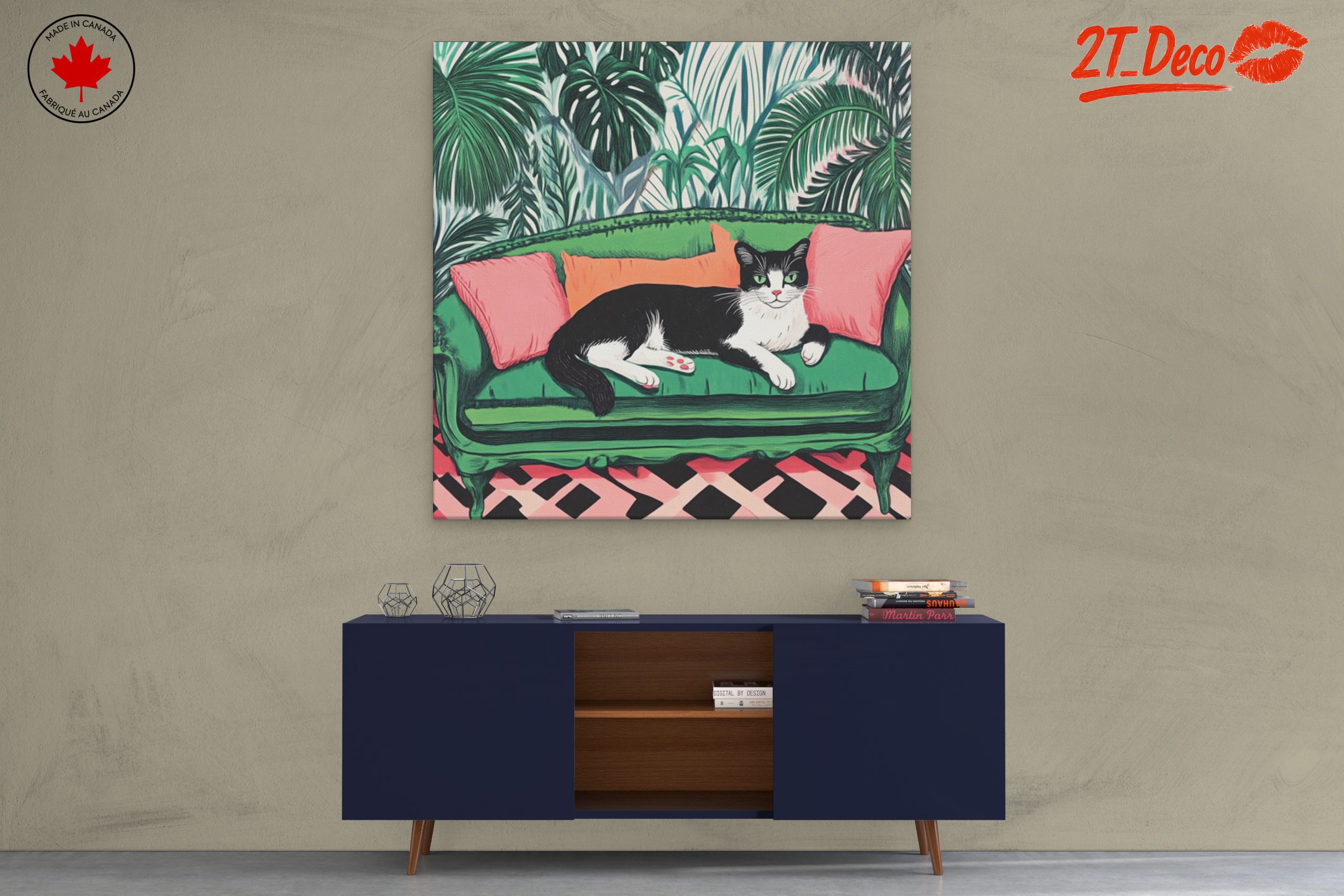 Charming Cat Relaxing on a Vibrant Couch - Image 3