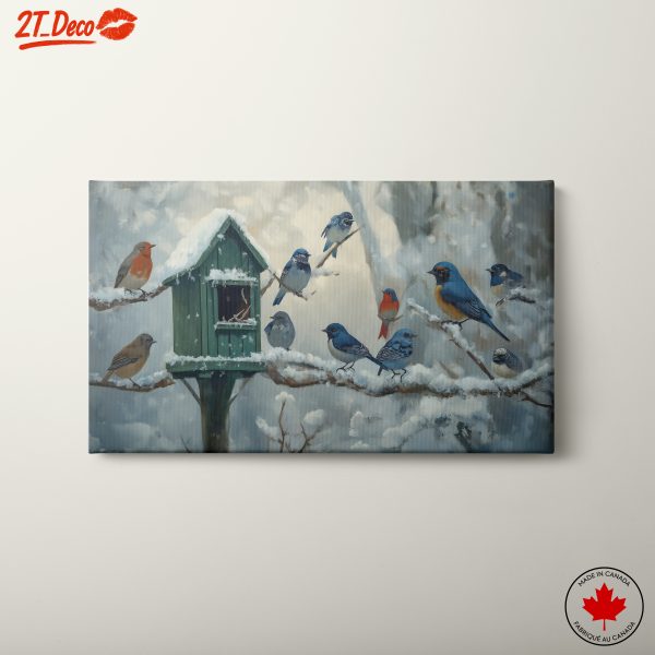 Birds Gathering Around a Birdhouse in Winter
