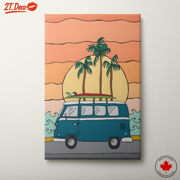 Retro Surf Van at Sunset with Palm Trees