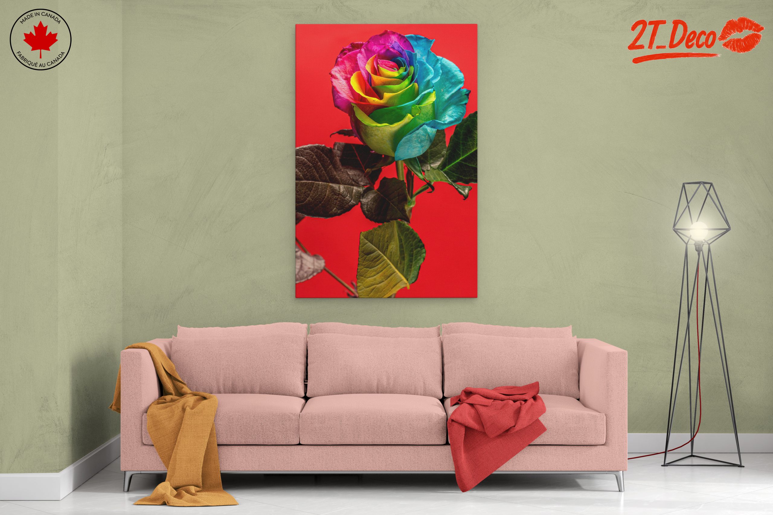 Vibrant Rainbow Rose on Bold Red Background - Image 2