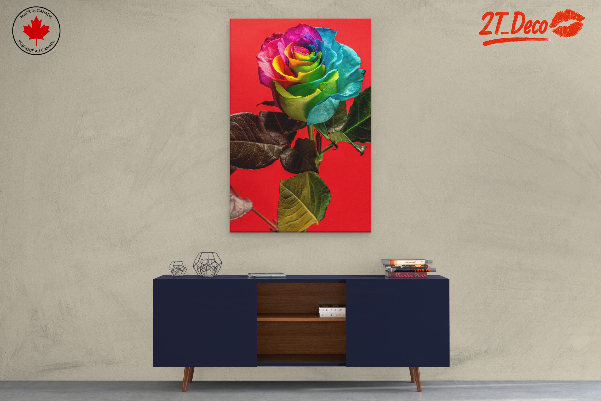 Vibrant Rainbow Rose on Bold Red Background - Image 3
