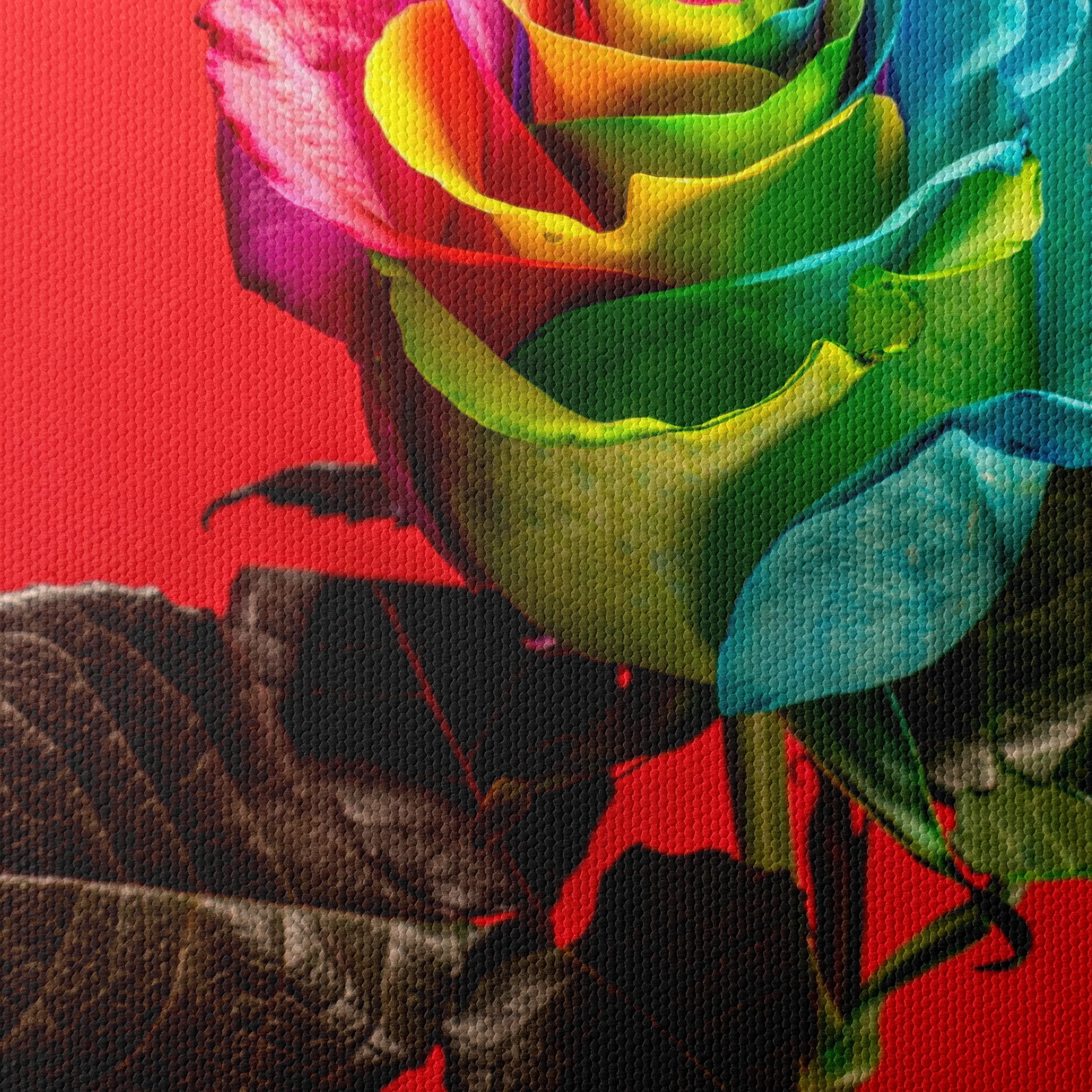 Vibrant Rainbow Rose on Bold Red Background - Image 4