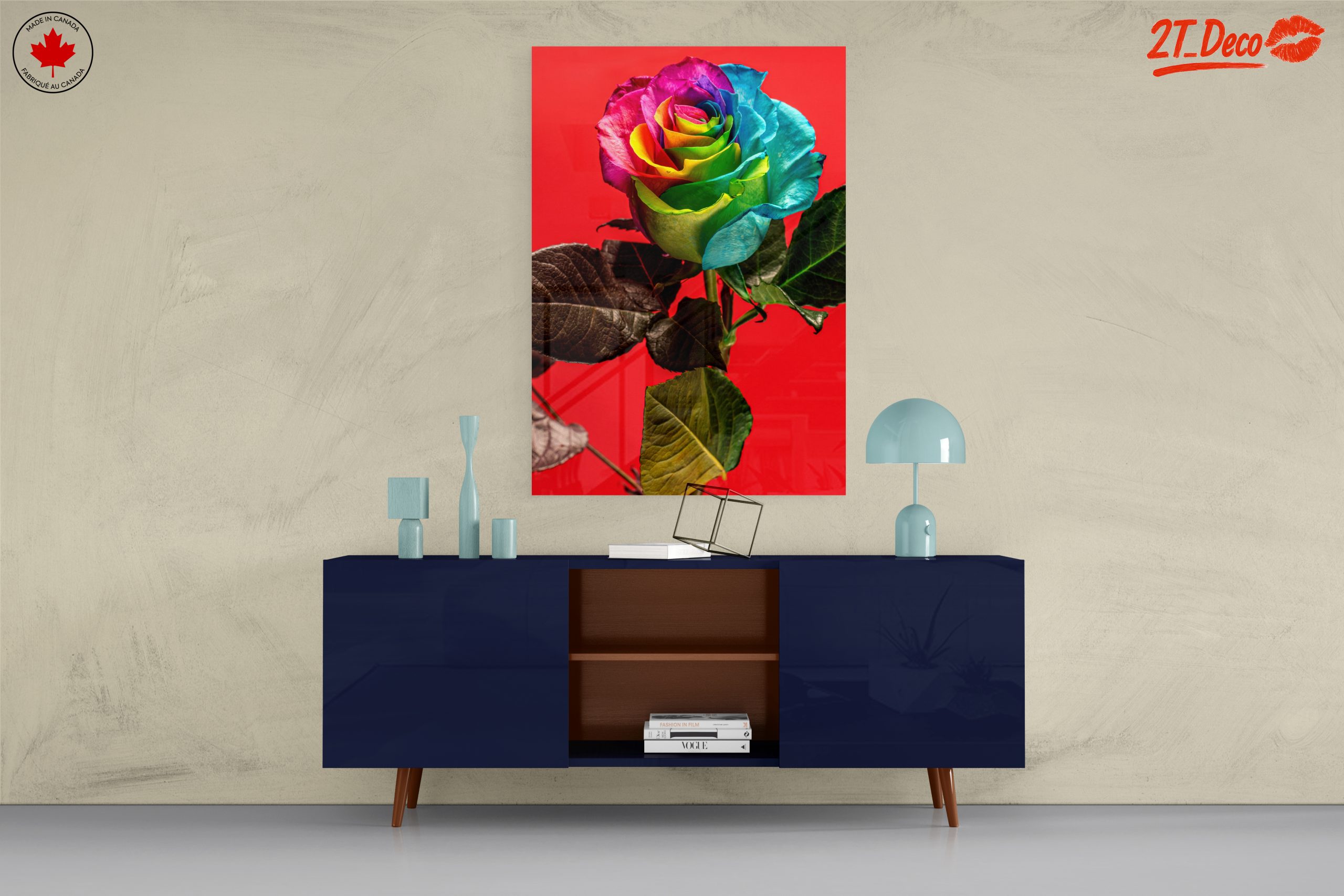 Vibrant Rainbow Rose on Bold Red Background - Image 8