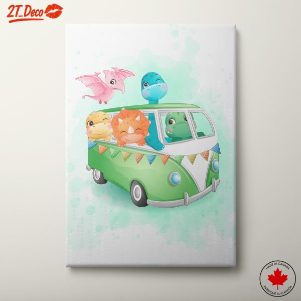 Happy Cartoon Dinosaurs in a Vintage Van