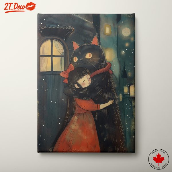 Charming Black Cat and Girl Embrace