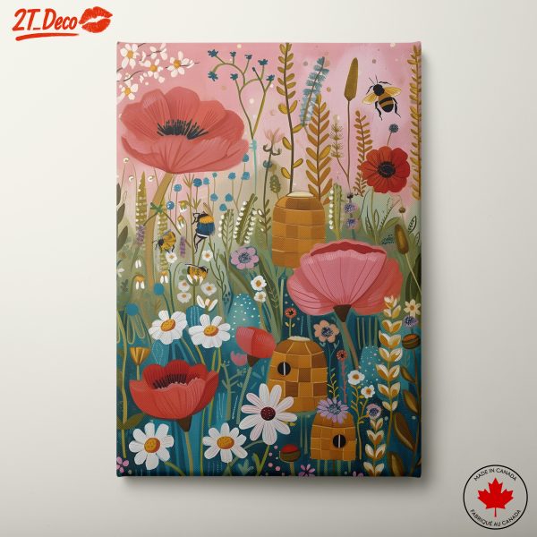 Vibrant Floral Artwork with Bees and Hives