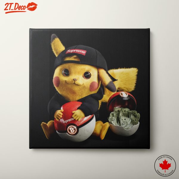 Stylized Pikachu with Supreme Cap and Bitcoin