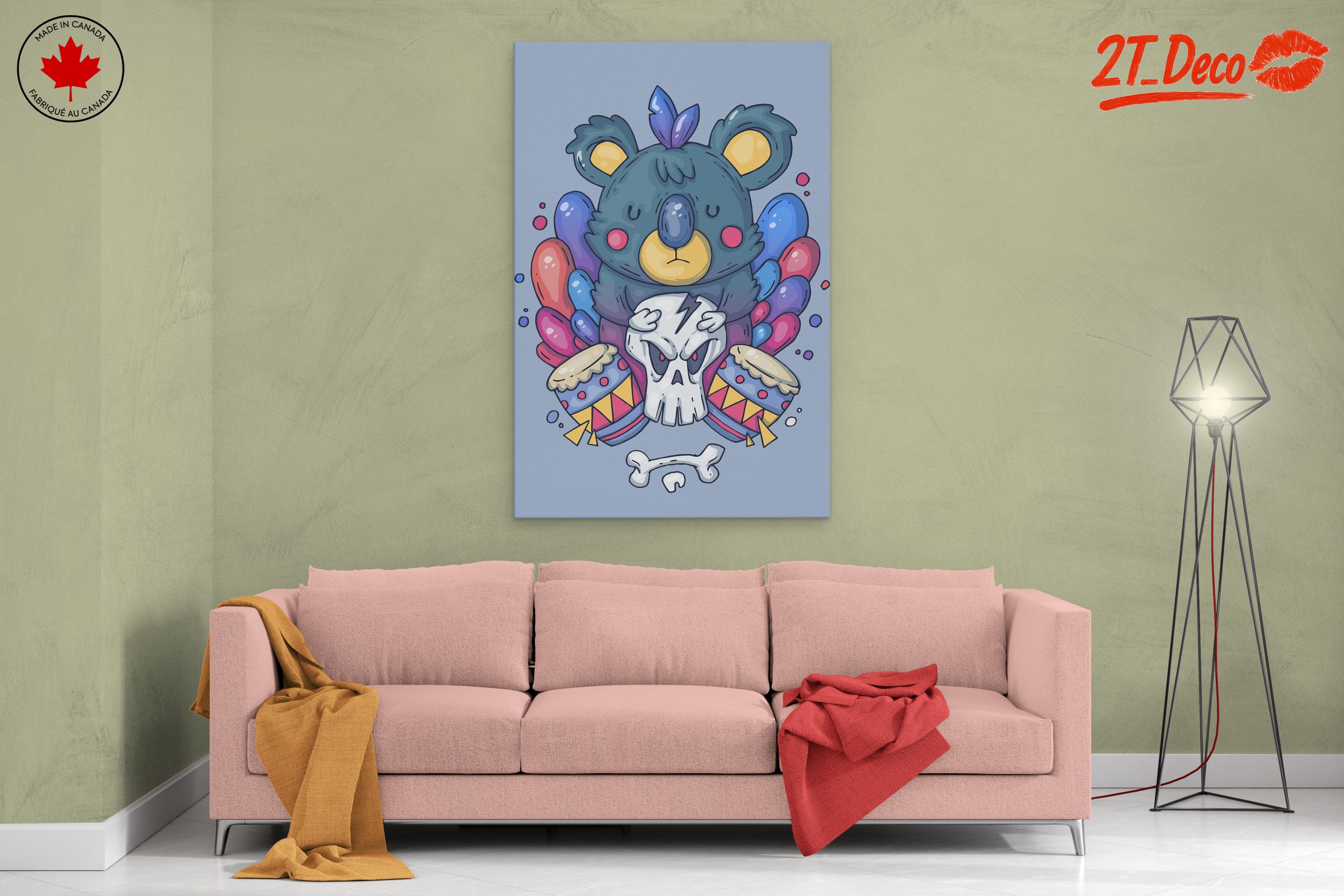 Playful Koala Artwork with Drum and Skull - Image 2