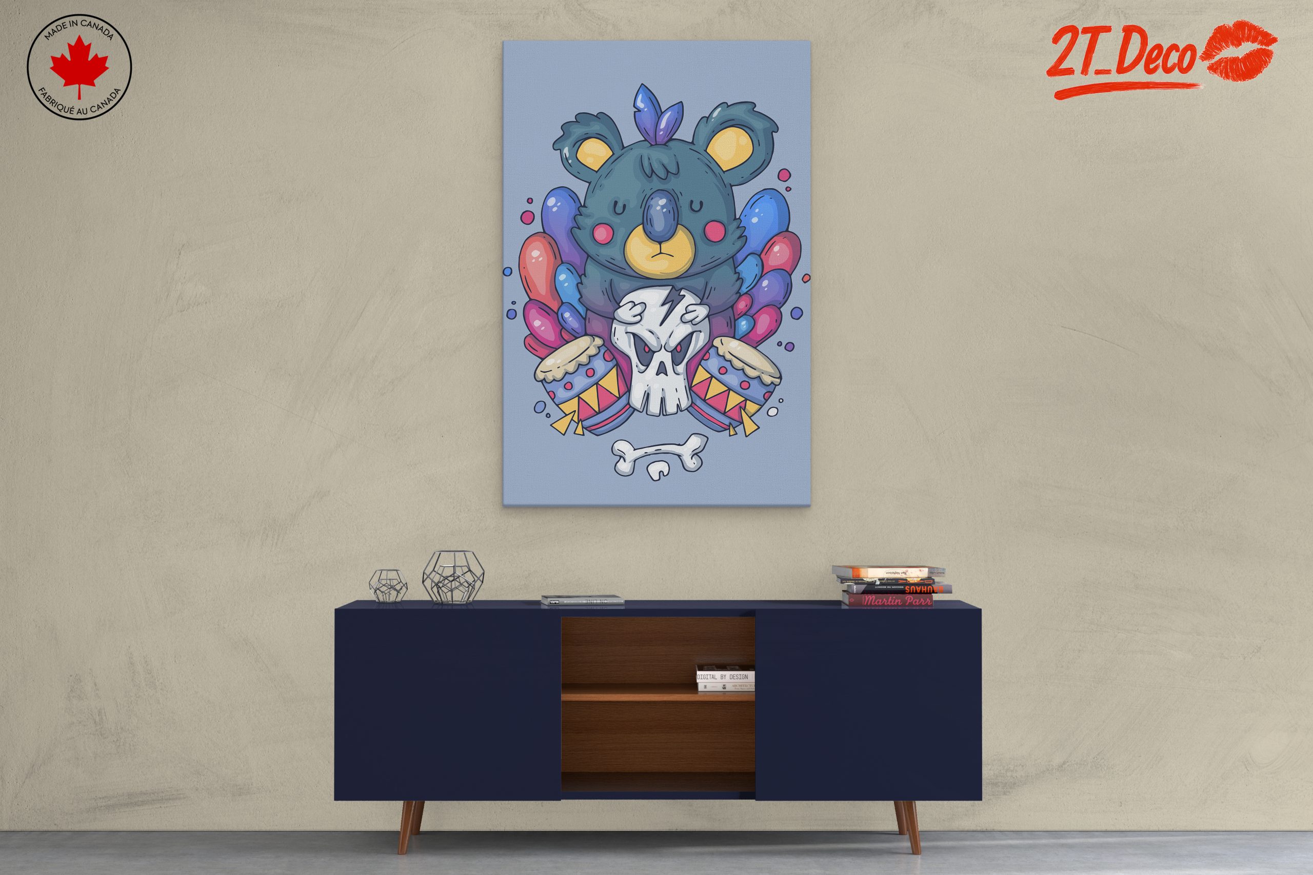 Playful Koala Artwork with Drum and Skull - Image 3