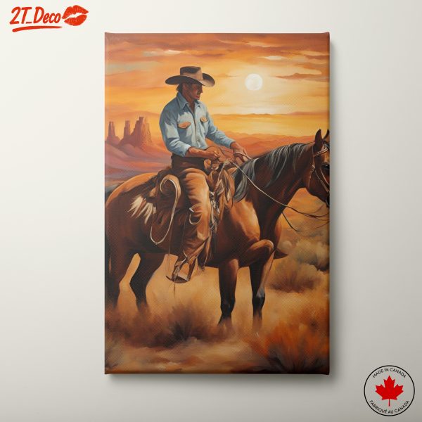 Cowboy on Horseback Against Sunset