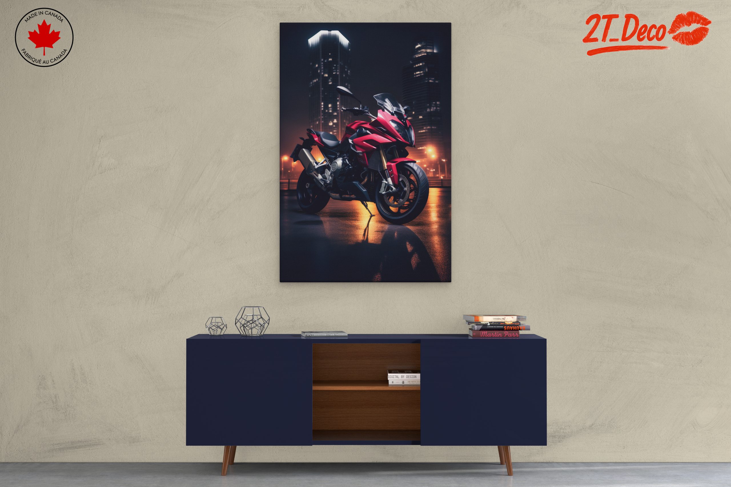 Stunning Red Motorcycle in Urban Nightscape - Image 3