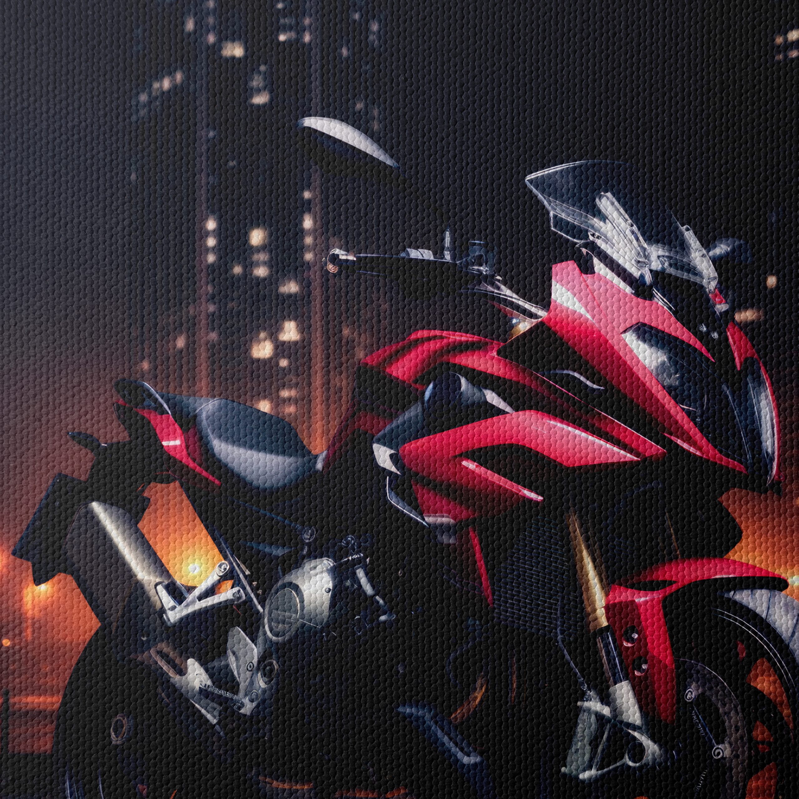 Stunning Red Motorcycle in Urban Nightscape - Image 4