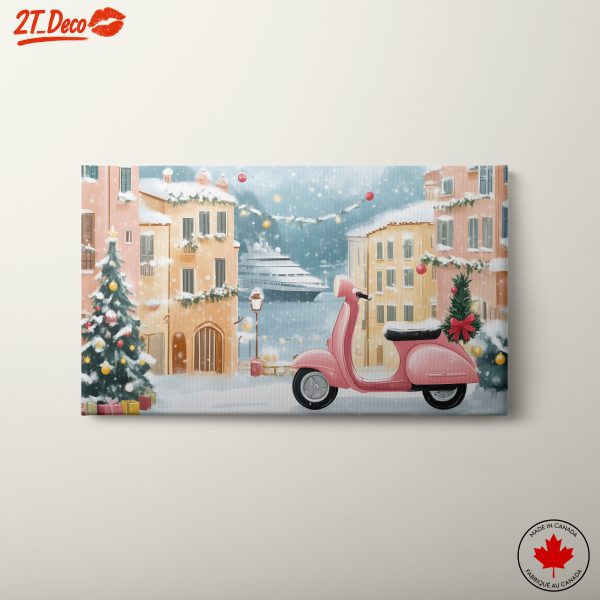 Charming Winter Cityscape with Pink Scooter