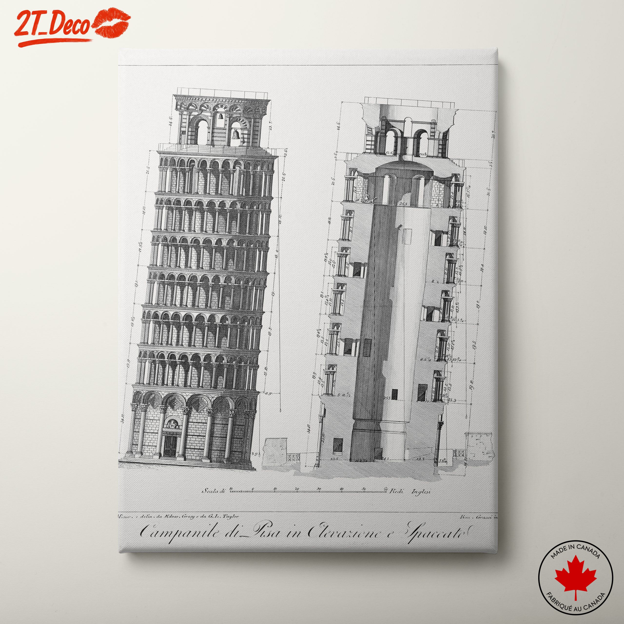 Detailed Architectural Drawing of Leaning Tower of Pisa