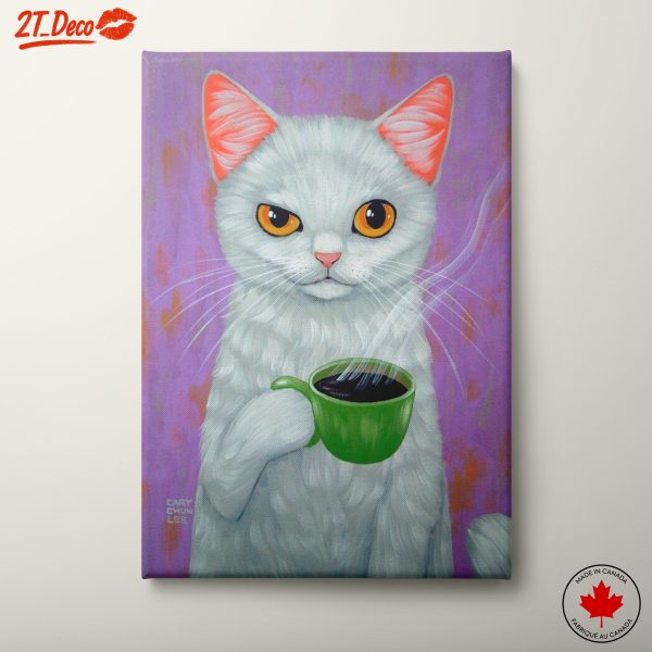 Whimsical White Cat Holding Coffee