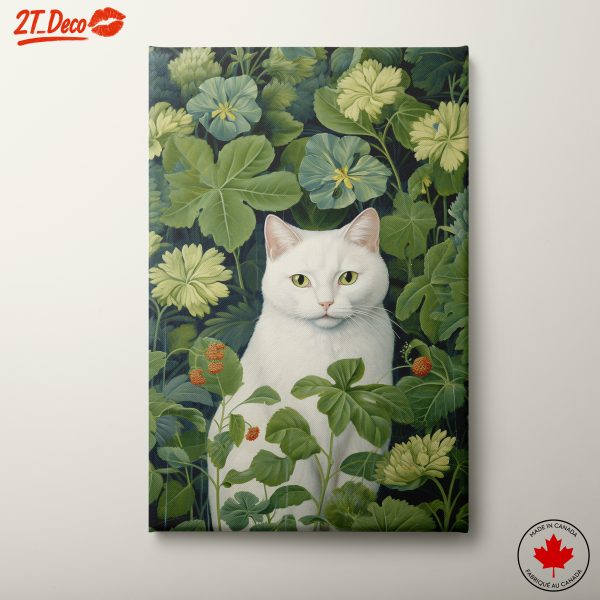 White Cat Surrounded by Lush Greenery